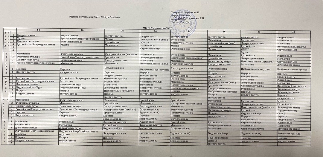 Расписание для начальной школы на 1 четверть 2024-2025 уч.год.